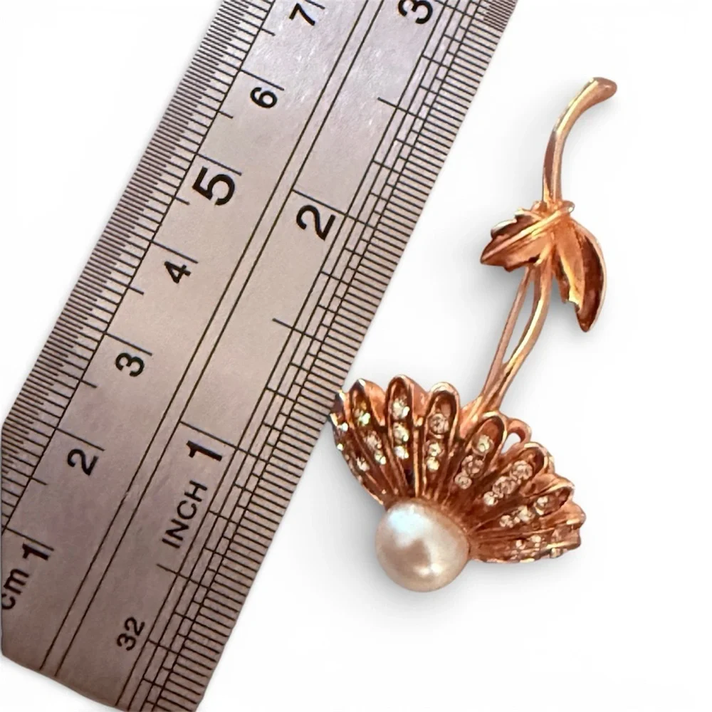 Vintage Mid Century Gold, Pearl & Rhinestone‎ Flower Brooch, 2” Tall, Estate